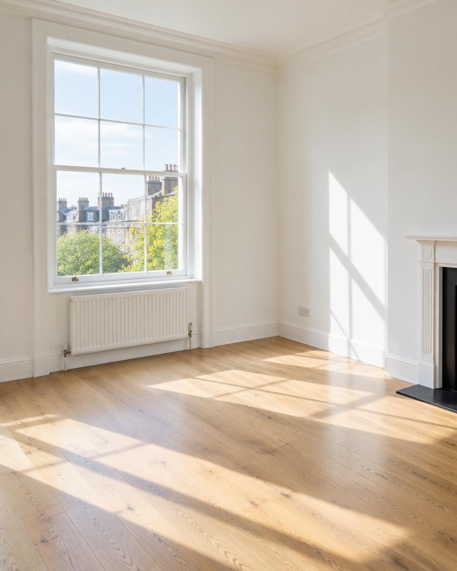 Bright, freshly cleaned empty room with sunlit wooden floor